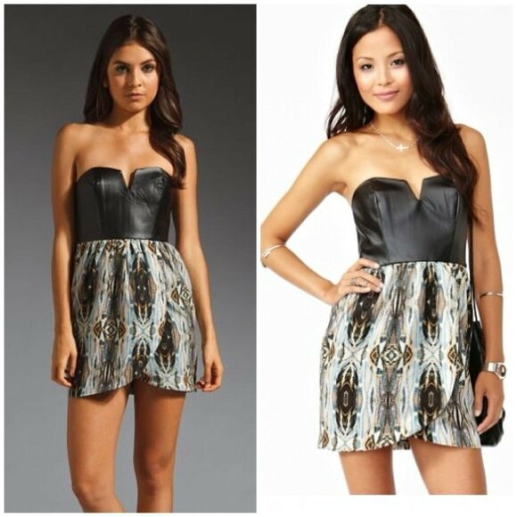 Ladakh Sz 2 Black Faux Leather Strapless Mini Dress Faux Wrap Tulip Snake Print - Picture 1 of 11